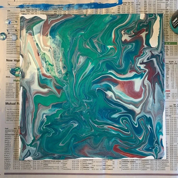 Metallic Wine, Teal, Blue, Silver and White Paint Pour - 8”x8” canvas board - Picture 6 of 8